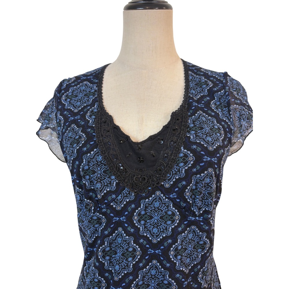 Mesh top black blue crochet lace beaded Sz M boho grunge whimsigoth Y2K Romantic - Picture 2 of 7